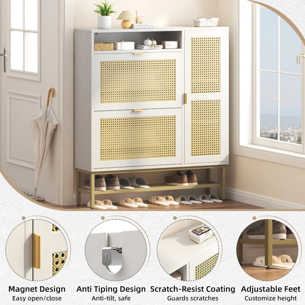AECOJOY Rattan Shoe Cabinet with 3 Flip Drawers, Free Standing Shoe Storage Organizer with Adjustable Shelves, Fits 13 Shoes