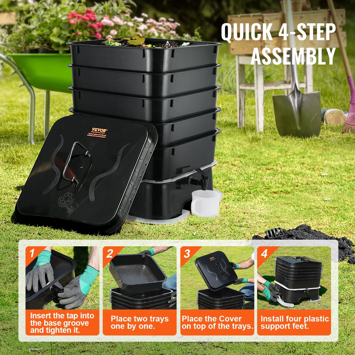 VEVOR 5 - Tray Worm Composter, 50 L Worm Compost Bin Outdoor and Indoor, Sustainable Design Worm Farm Kit, for Recycling Food Waste, Worm Castings, Worm Tea, Vermiculture and Vermicomposting