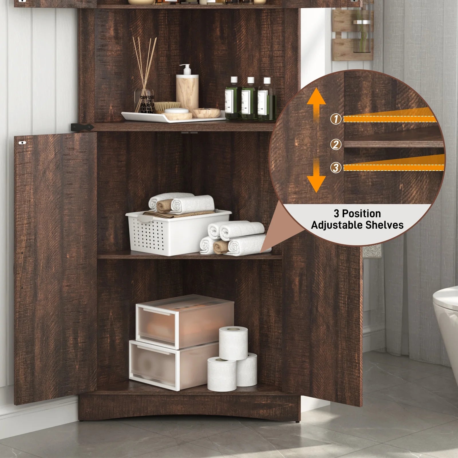 Blotout 68" Tall Farmhouse Corner Cabinet with 4 Doors, 28.3" W Barn Door Storage Cabinet with Adjustable Shelves, 5 Tier Corner Storage Cabinet for Bathroom, Living Room, Kitchen