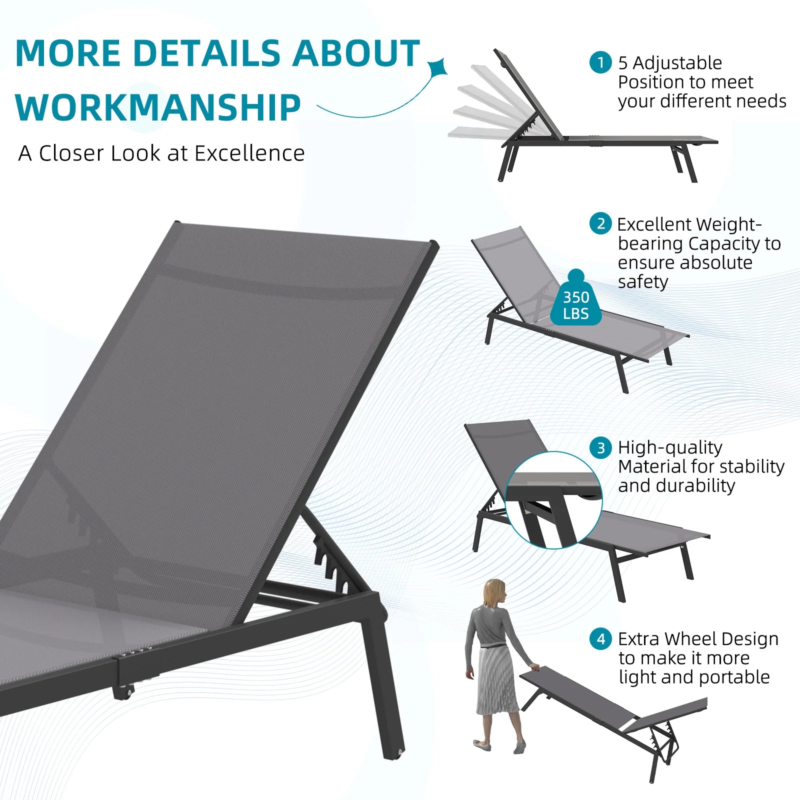 AECOJOY Patio Lounge Chairs, Outdoor Chaise Lounge with Wheels, Dark Grey, 2PCS