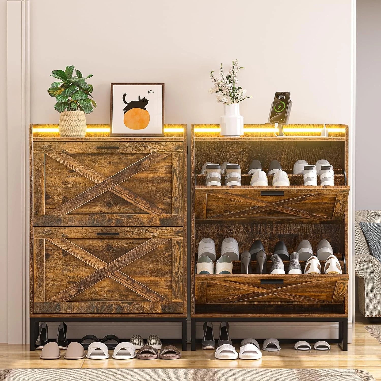 HAIOOU Shoe Storage Cabinet, Wood Shoe Cabinet with Adjustable Shelf for Entryway with 3 Flip Drawers, Rustic Brown