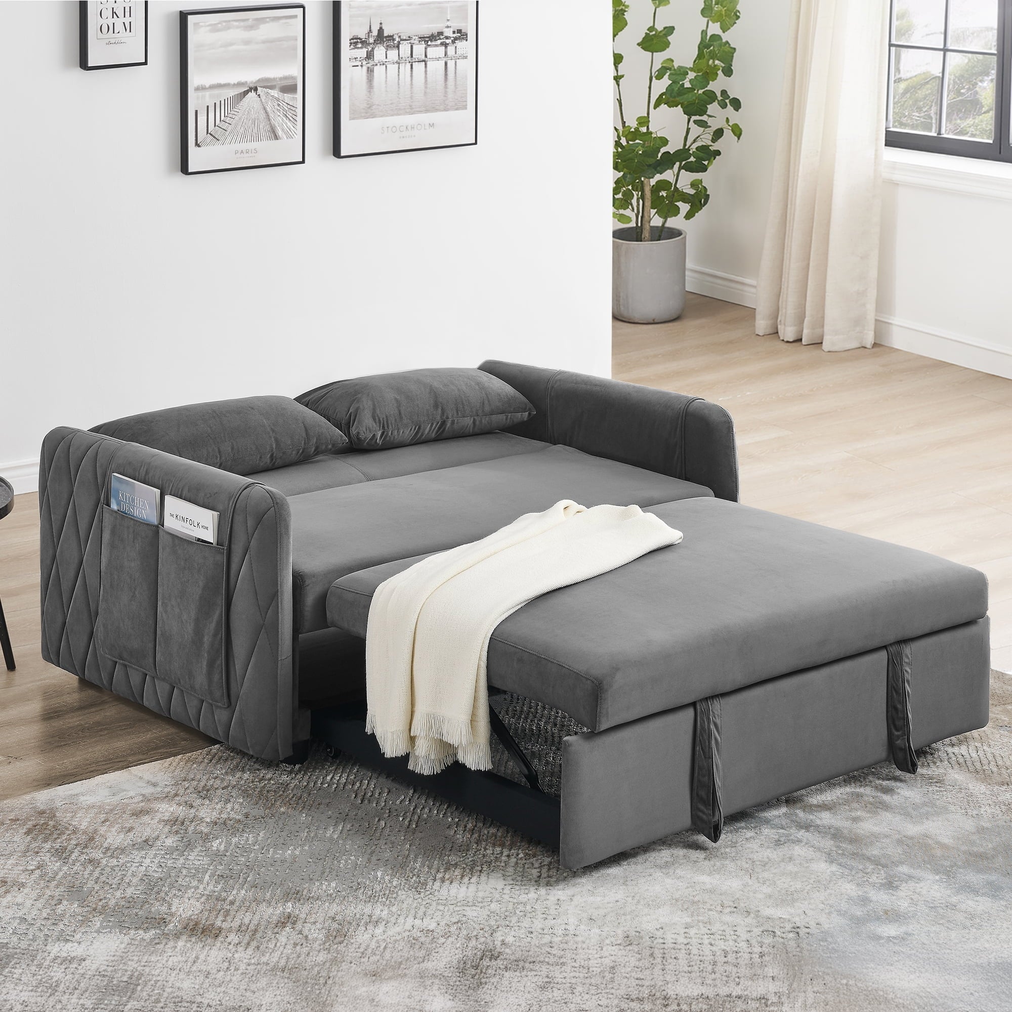 Convertible Sofa Bed, 3 in 1 Sleeper Sofa with 2 Pillows and Adjustable Backrest for Living Room Office, Black