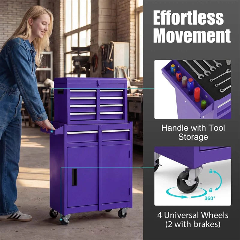 2-in-1 Rolling Tool Chest, 5-Drawer Tool Storage Cabinet with Wheels, Adjustable Shelf, Tool Box Organizer for Garage Warehouse Workshop