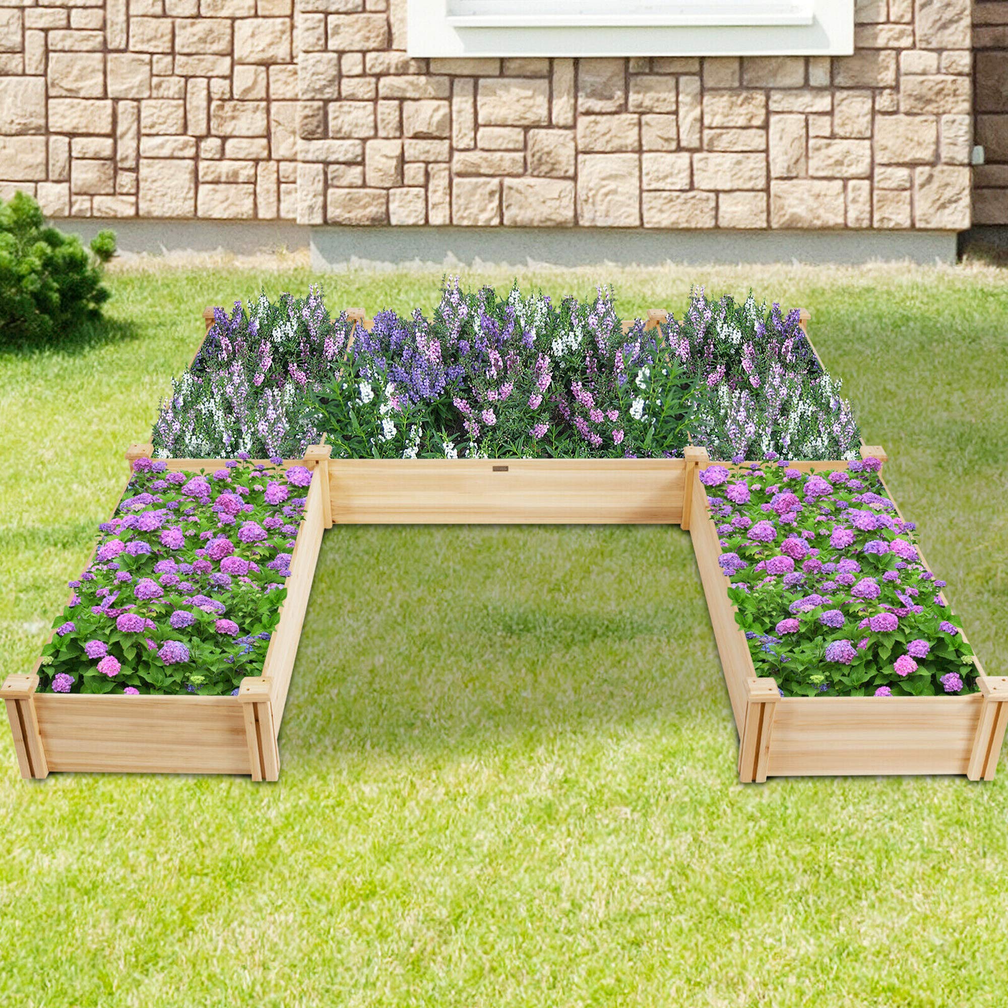 U-Shaped Raised Garden Bed, 92.5" x 95" Extra Large Fir Wood Planter Box for Vegetables & Flowers, 5-Tier Modular Design for Backyard Patio