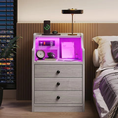 Nightstand with 3 Drawers and Shelves, Night Stand with LED Lights and USB Port Charging Station, LED Bedside Table with Hutch, Black