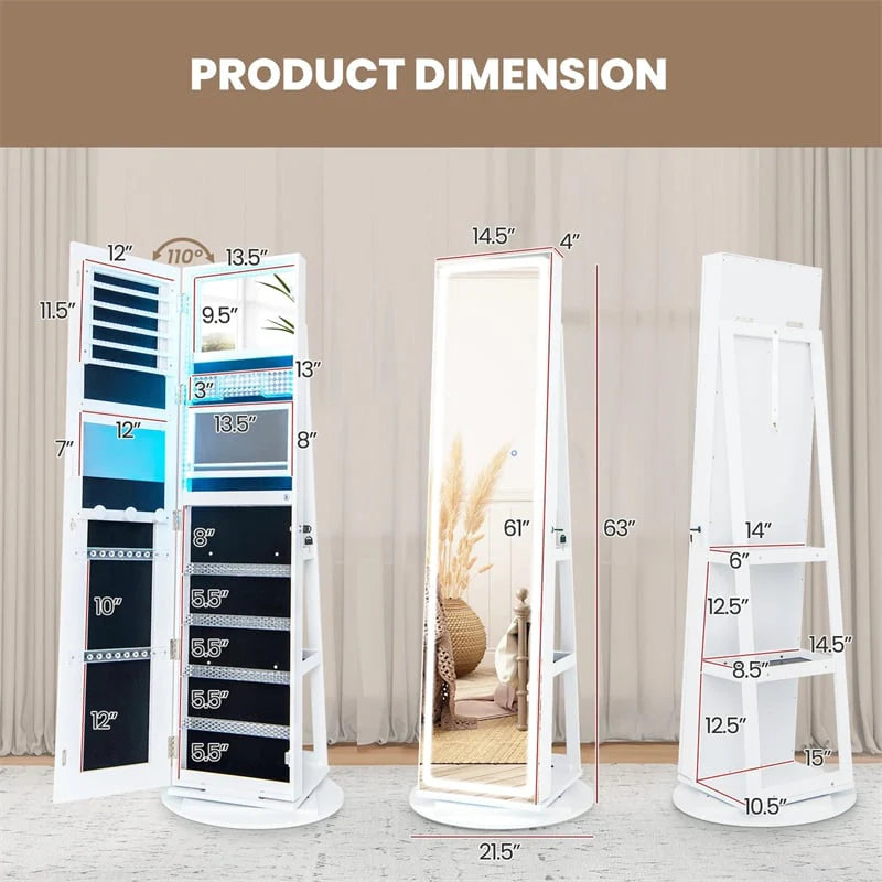 360° Swivel Jewelry Cabinet Armoire w/ Full Length Mirror 3-Color LED Lights & Rear Shelves, Lockable Standing Jewelry Storage Organizer