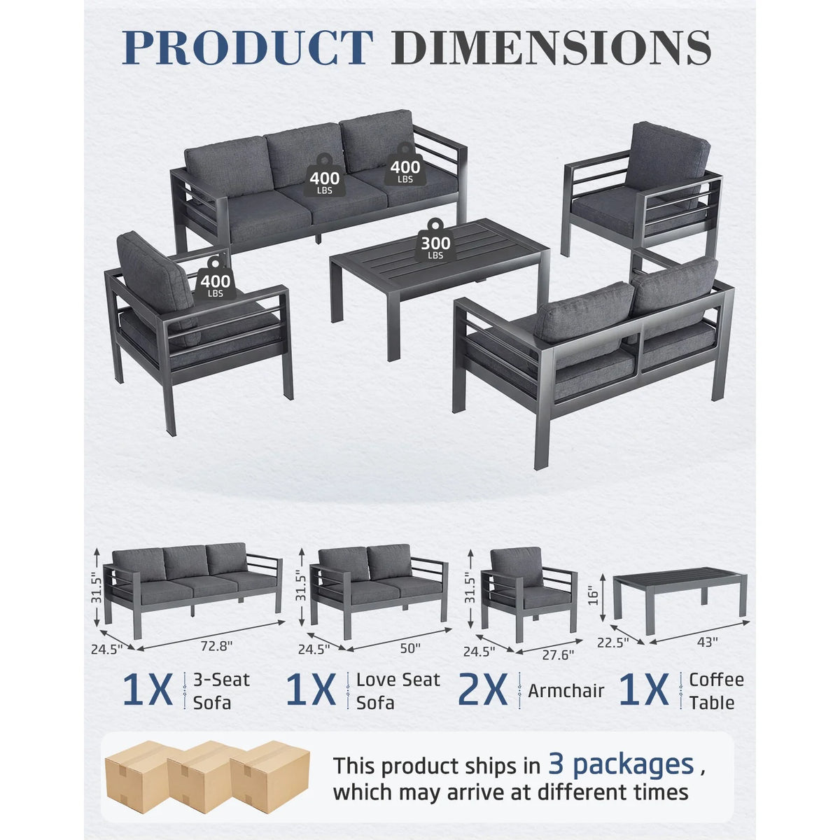 AECOJOY Aluminum Patio Furniture Set, 5 Pieces Outdoor Sectional Sofa Set, Dark Gray
