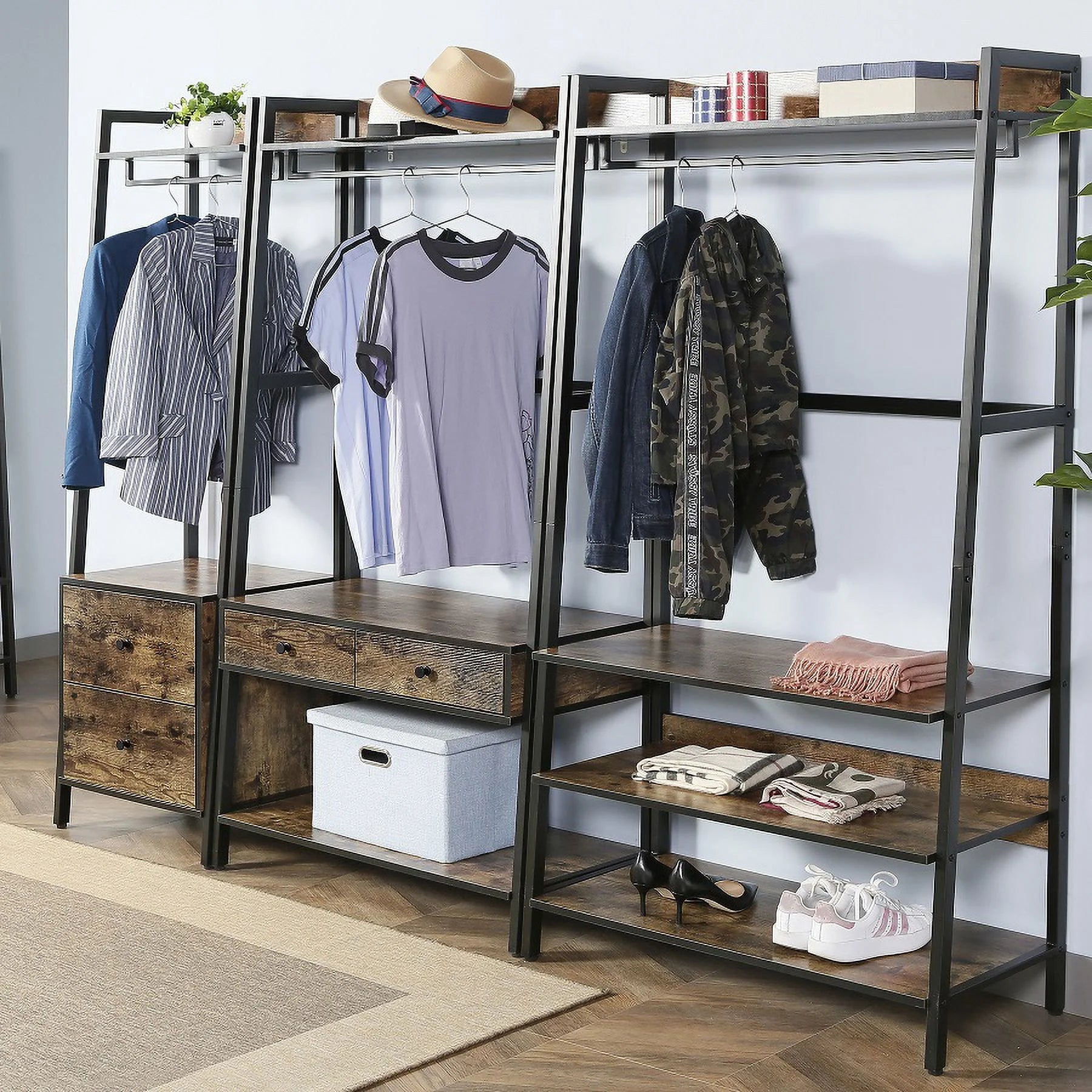 JJS 33" Entryway Coat Rack, Industrial Rustic Hall Tree Shoe Bench with Storage Drawers and Shelf for Hallway, Wood Look Accent Furniture with Metal Frame, Rustic Brown