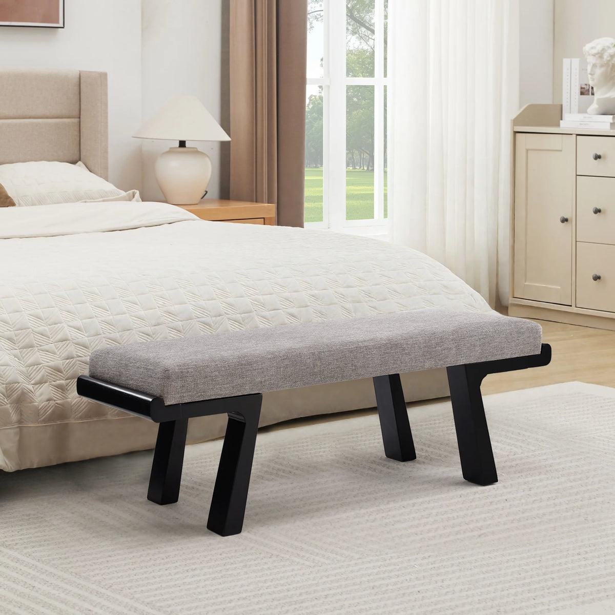 Zesthouse 47.4" Linen Upholstered Bench, Entryway Bench with Solid Wood Legs, Modern Ottoman Bench for Living Bedroom Room, Beige