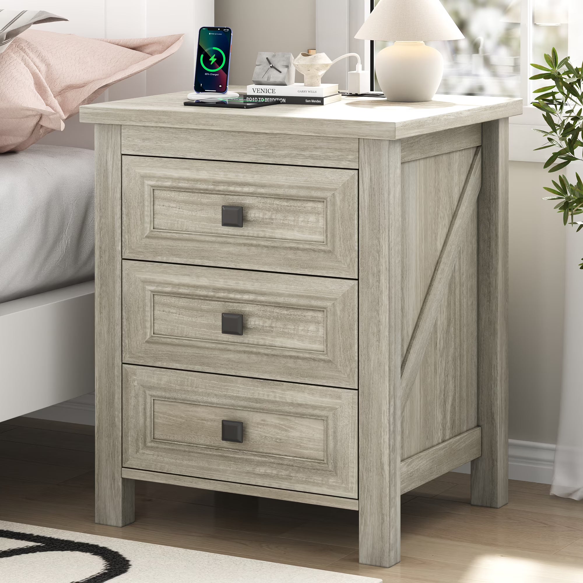 IDEALSOUL Nightstand, Bedside Table with Charging Station, Farmhouse 3 Drawer Nightstand Rustic Night Stand End Tables for Bedroom Living Room, Gray