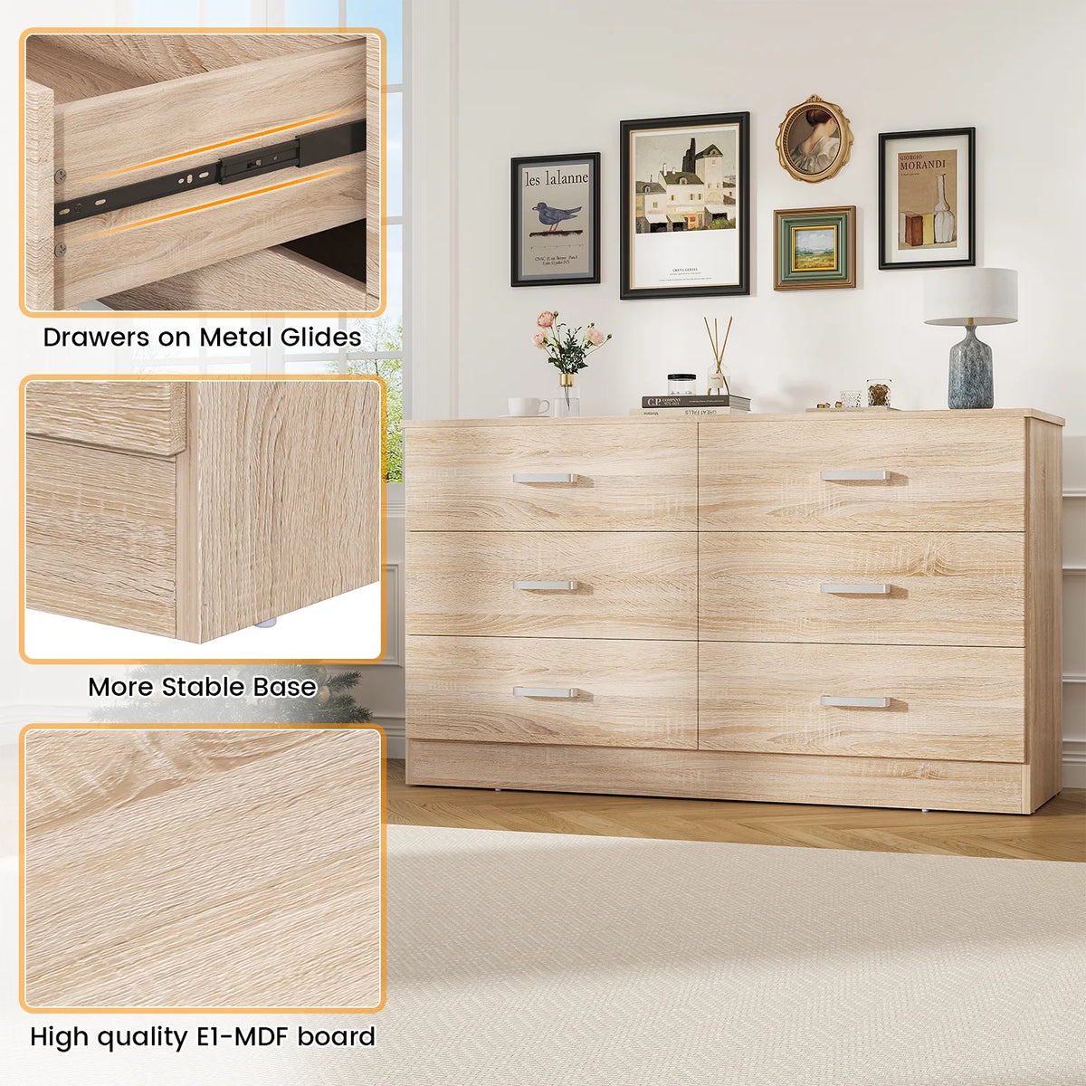Winkalon 6 Drawer Oak Double Dresser, Wood Storage Cabinet with Easy Pull Out Handles for Living Room, Chest of Drawers for Bedroom
