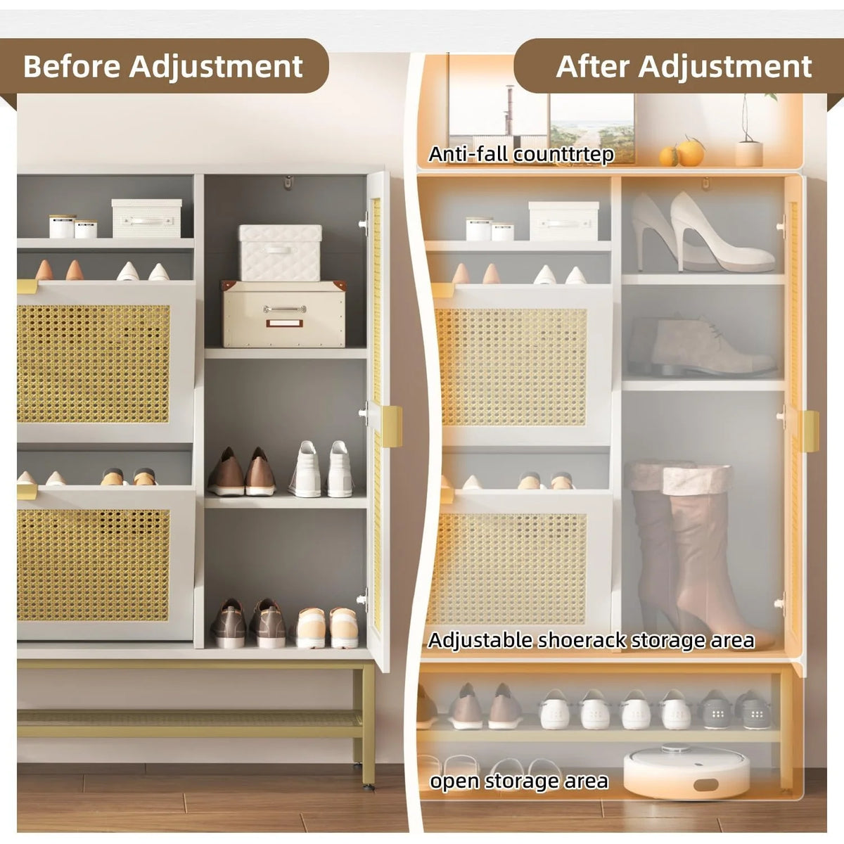 AECOJOY Rattan Shoe Cabinet with 3 Flip Drawers, Free Standing Shoe Storage Organizer with Adjustable Shelves, Fits 13 Shoes