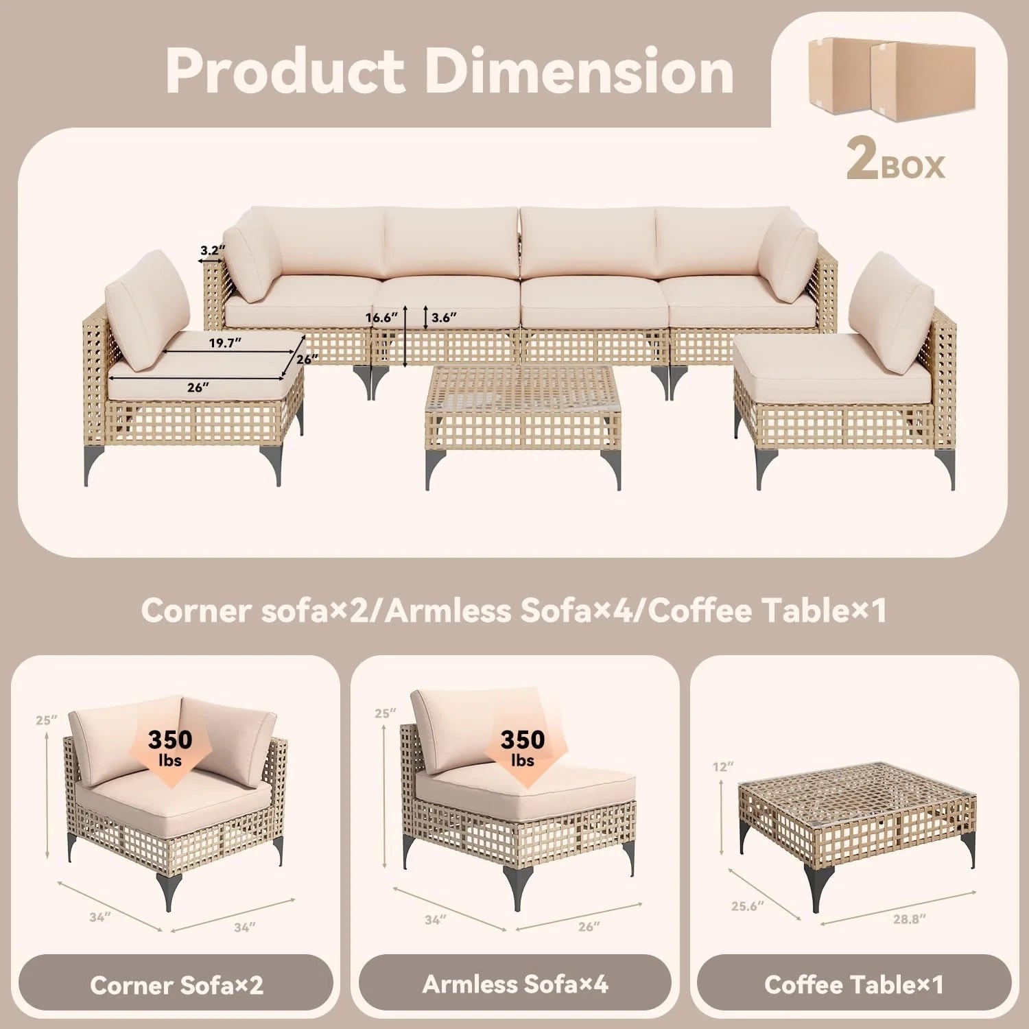 AECOJOY 7-Piece Patio Outdoor Furniture Set, Boho Outdoor Sectional Set, Light Brown&Beige