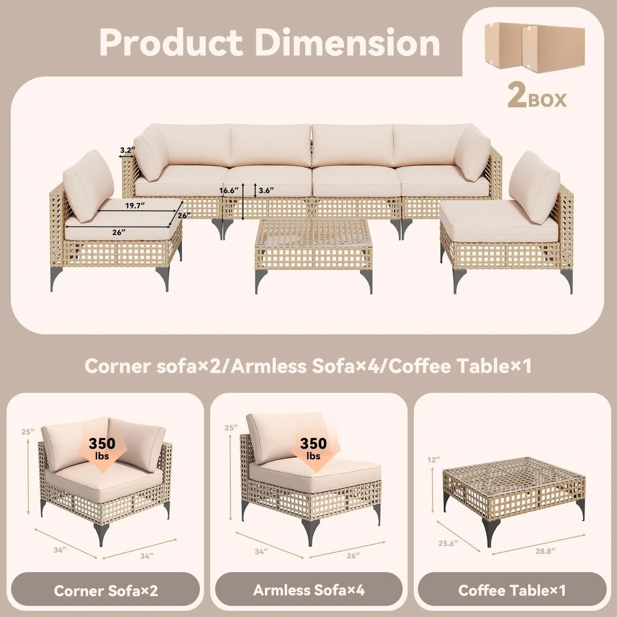 AECOJOY 7-Piece Patio Outdoor Furniture Set, Boho Outdoor Sectional Set, Light Brown&Beige