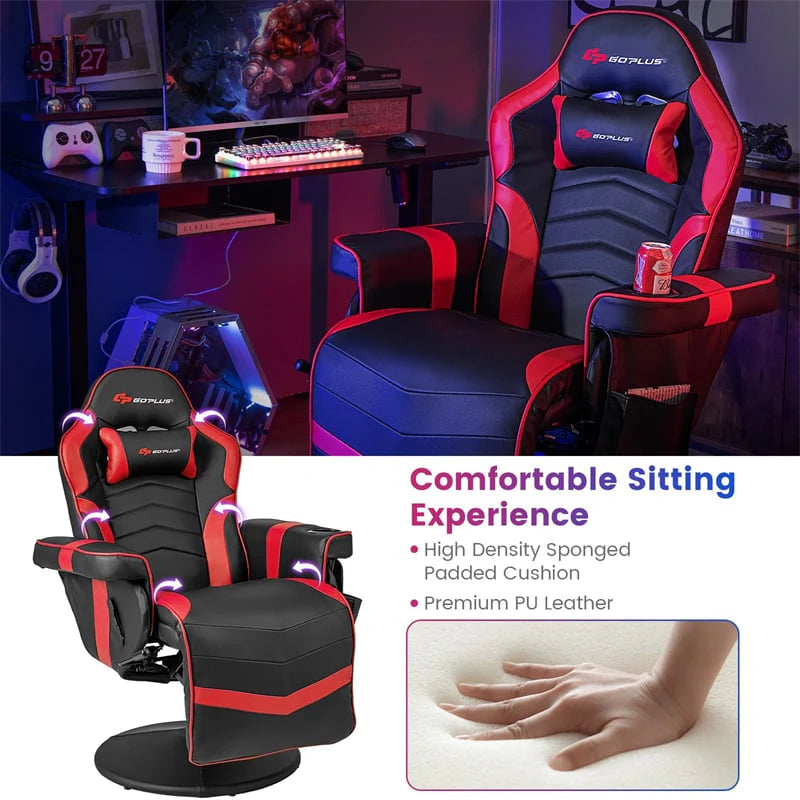 Ergonomic Gaming Recliner Chair with Massage, Retractable Footrest & Cup Holder, Height Adjustable Racing Style Swivel Video Game Chair