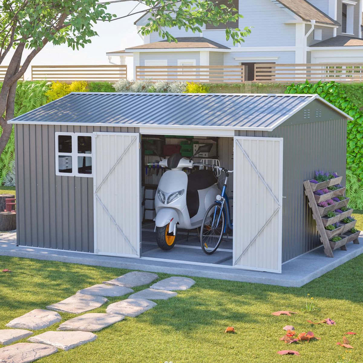 AECOJOY 12x10 FT Outdoor Storage Shed Metal, Large Garden Tool Sheds, Waterproof Steel Utility Storage Building