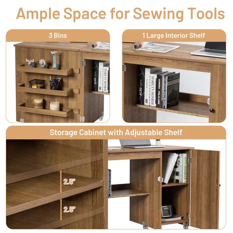 62.5" Folding Sewing Table Rolling Craft Station with Storage Cabinet & Shelves, Foldable Sewing Machine Desk w/ Lockable Wheels for Home