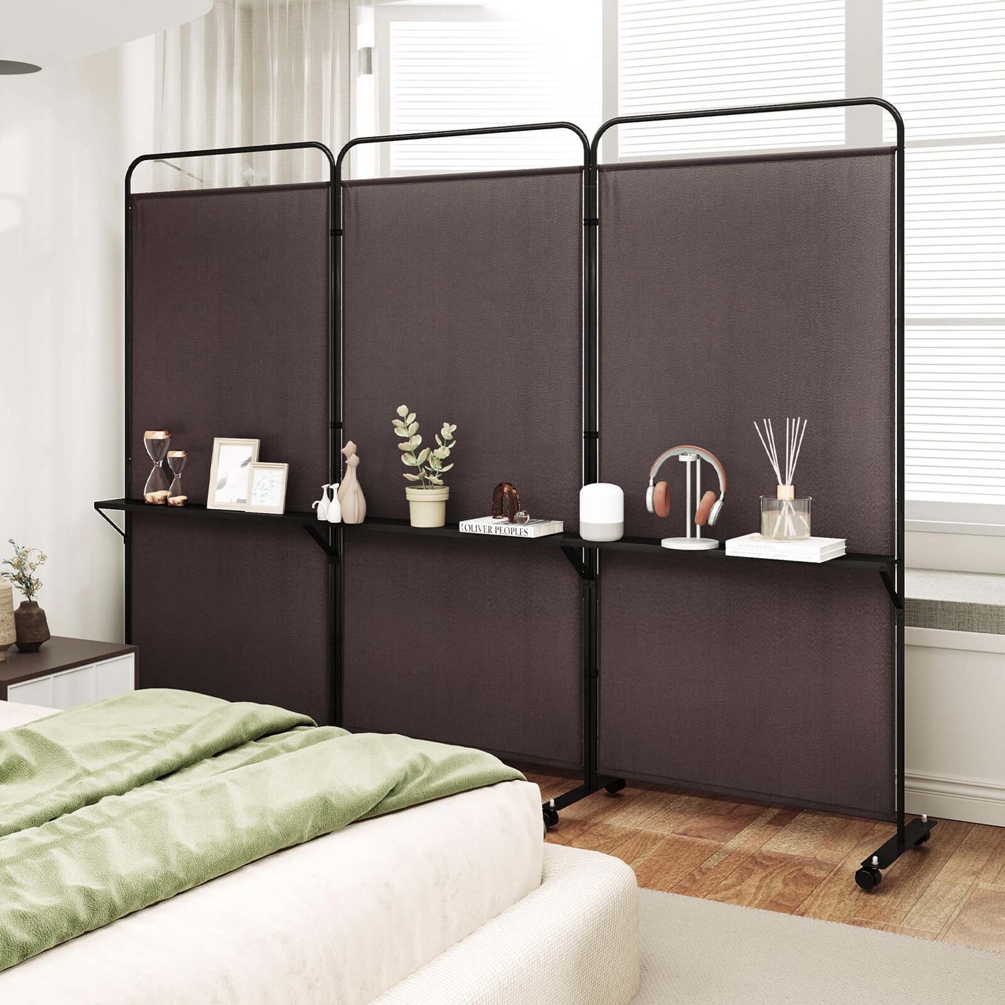 Costway 3 - Panel Room Divider with Storage Shelves 6FT Tall Folding Privacy Screen on Wheels Black