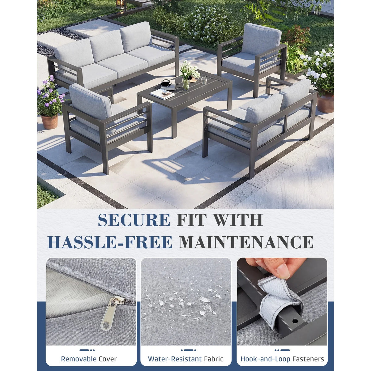 AECOJOY Aluminum Patio Furniture Set, 5 Pieces Outdoor Sectional Sofa Set, Light Gray