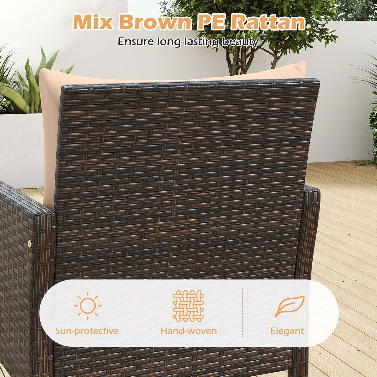 Tangkula 3 Piece Patio Bistro Set Rattan Wicker Outdoor Conversation Set with Cushions and Coffee Table