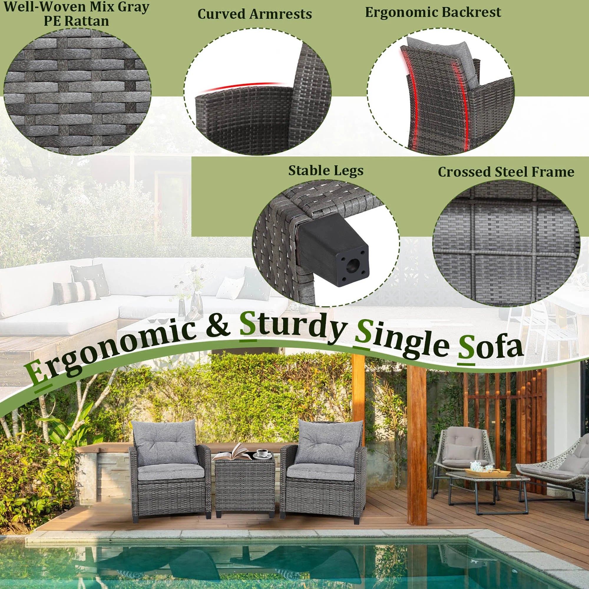 Gymax 3PCS Patio Rattan Sofa Set Outdoor Wicker Conversation Set Glass Tabletop W/ Grey Cushion