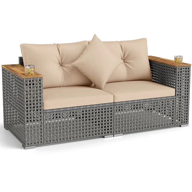 62.5" Patio Wicker Loveseat w/ Acacia Wood Armrests & Cup Holders, 2PCS Modular Rattan Corner Sectional Sofa w/ Cushions & Pillows for Backyard
