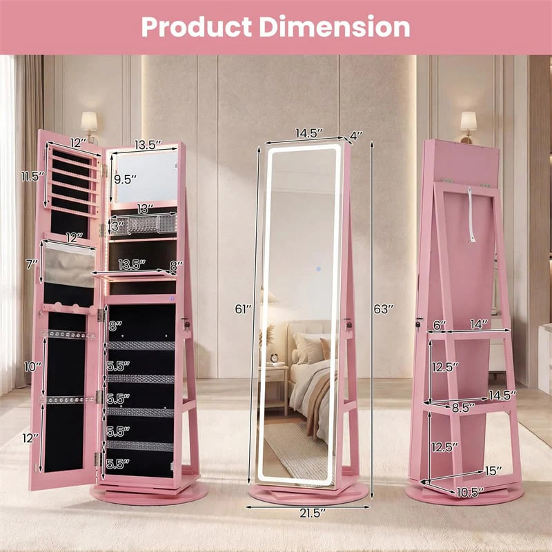 360° Swivel Jewelry Cabinet Armoire w/ Full Length Mirror 3-Color LED Lights & Rear Shelves, Lockable Standing Jewelry Storage Organizer