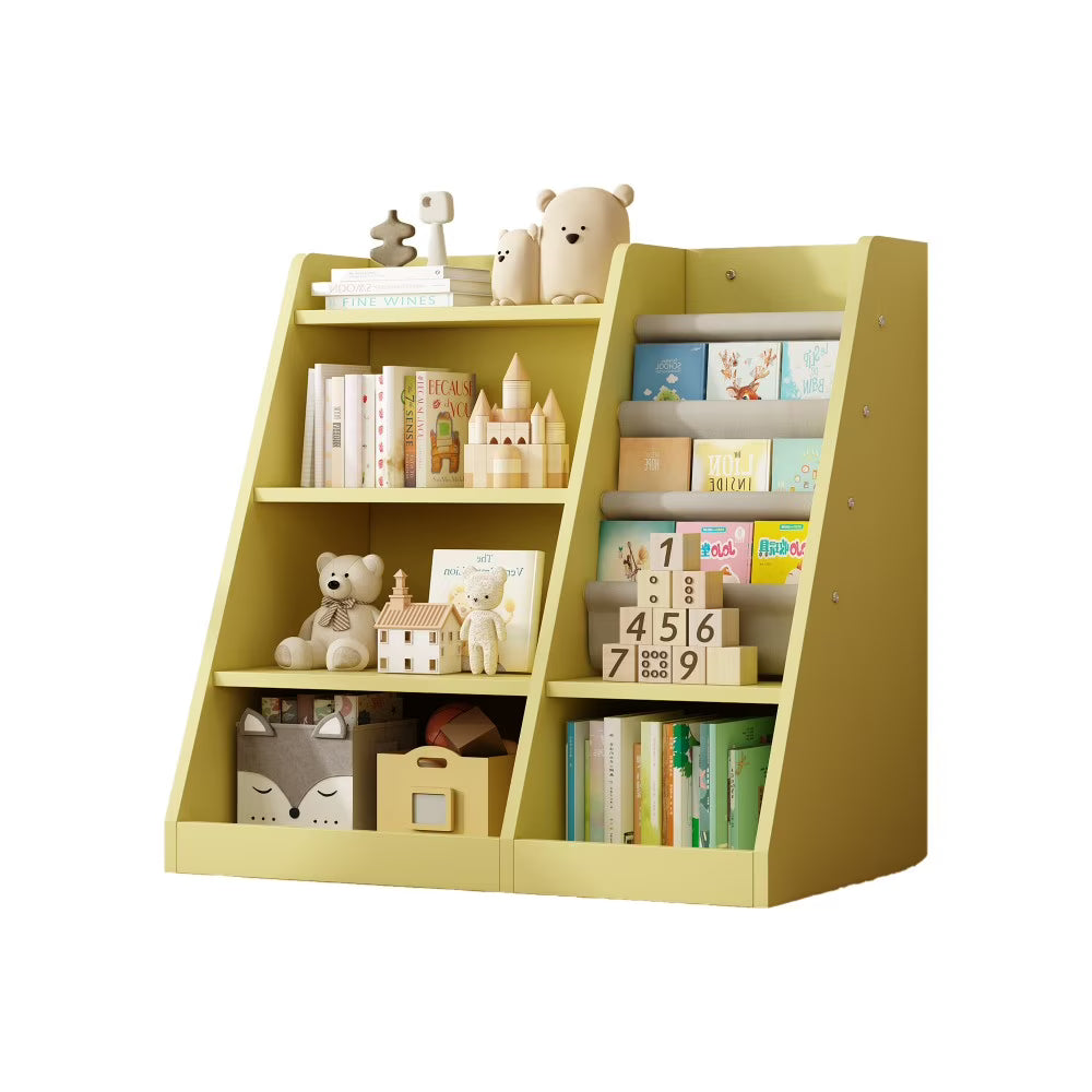 IVV Montessori Kid Bookshelf, Modern Wood Bookcase 4 Tier Children Book Rack Display Toy Storage Organizer Sling Book Rack for Classroom Bedroom Nursery Playroom (Pink)