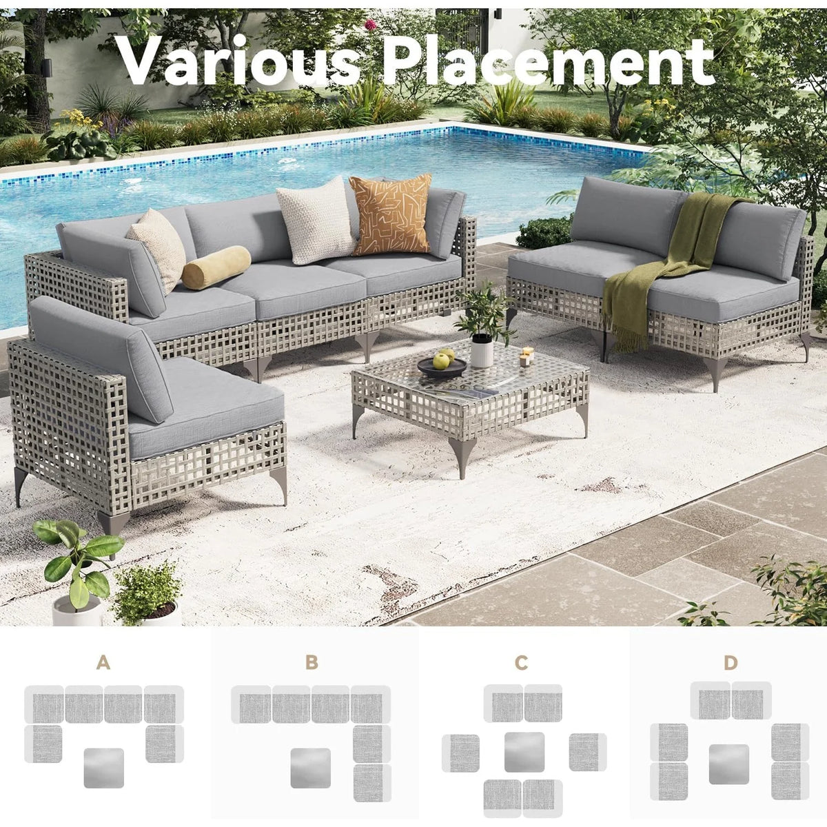 AECOJOY 7-Piece Patio Outdoor Furniture Set, Boho Outdoor Sectional Set, Grey&Light Grey