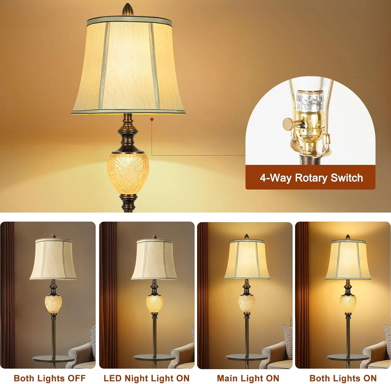 Farmhouse Metal Tray Floor Lamp for Living Room with Nightlight Vintage Tall Lamp with Linen Fabric Shade Industrial Standing Lamp for Bedroom Office Home House Study (Bulb Included)