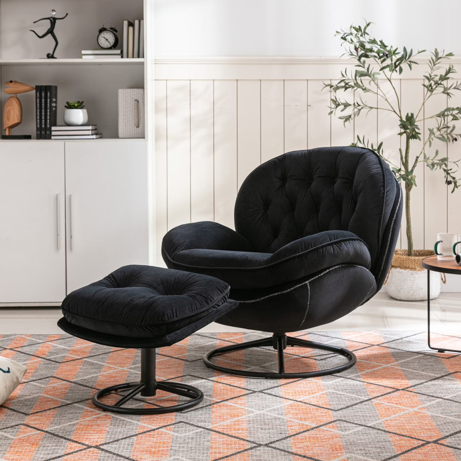Velvet Swivel Accent Chair with Ottoman, Modern Chaise Lounge Chair with Metal Frame and Footstool, Comfy Armchair Reading Chair for Living Room Bedroom Office, Blue