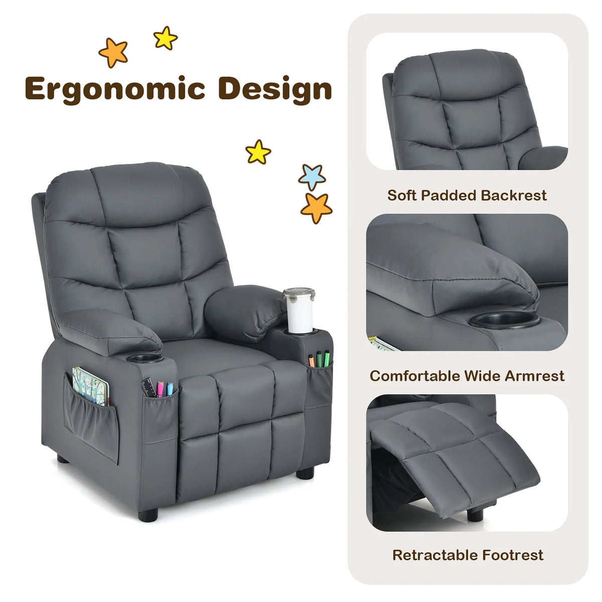 Costway Kids Youth Recliner Chair PU Leather W/Cup Holders & Side Pockets Grey