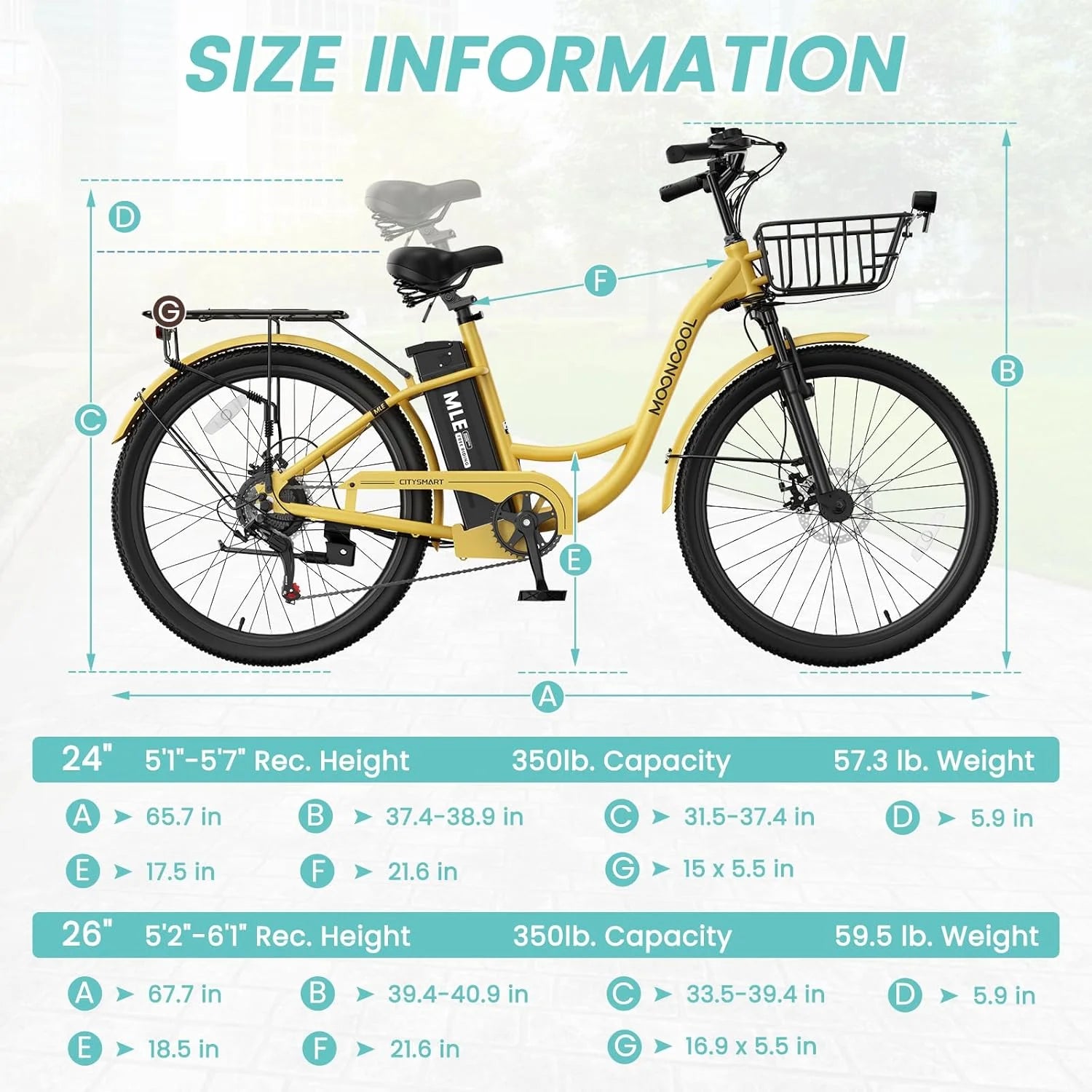 MOONCOOL Electric Bicycle for Adults 350W, 7 - Speed Ebike with 36V 10.4ah Removable Battery， 40 Miles Range, 20 Mph Electric Commuter Bike for Women Men, Certified to UL 2849 by SGS