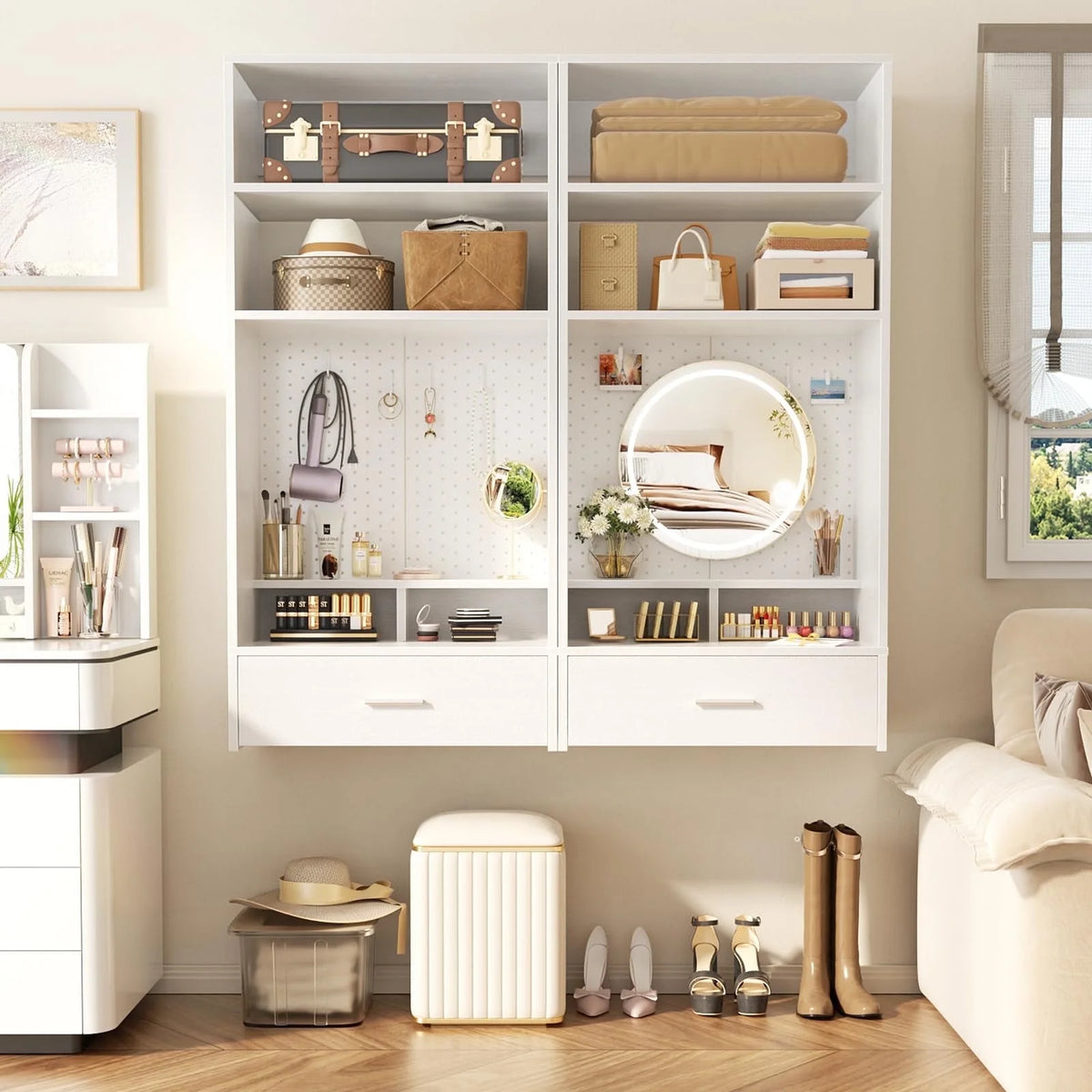 Homieasy 25wall - Mounted Closet System with Magnetic Pegboard & Drawers, Space - Saving Vanity Storage Organizer with Shelves for Bedroom, Entryway, Mudroomwhite