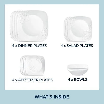 Corelle Cherish 16 - Piece Embossed Square Glass Dinnerware Set (Service for 4)