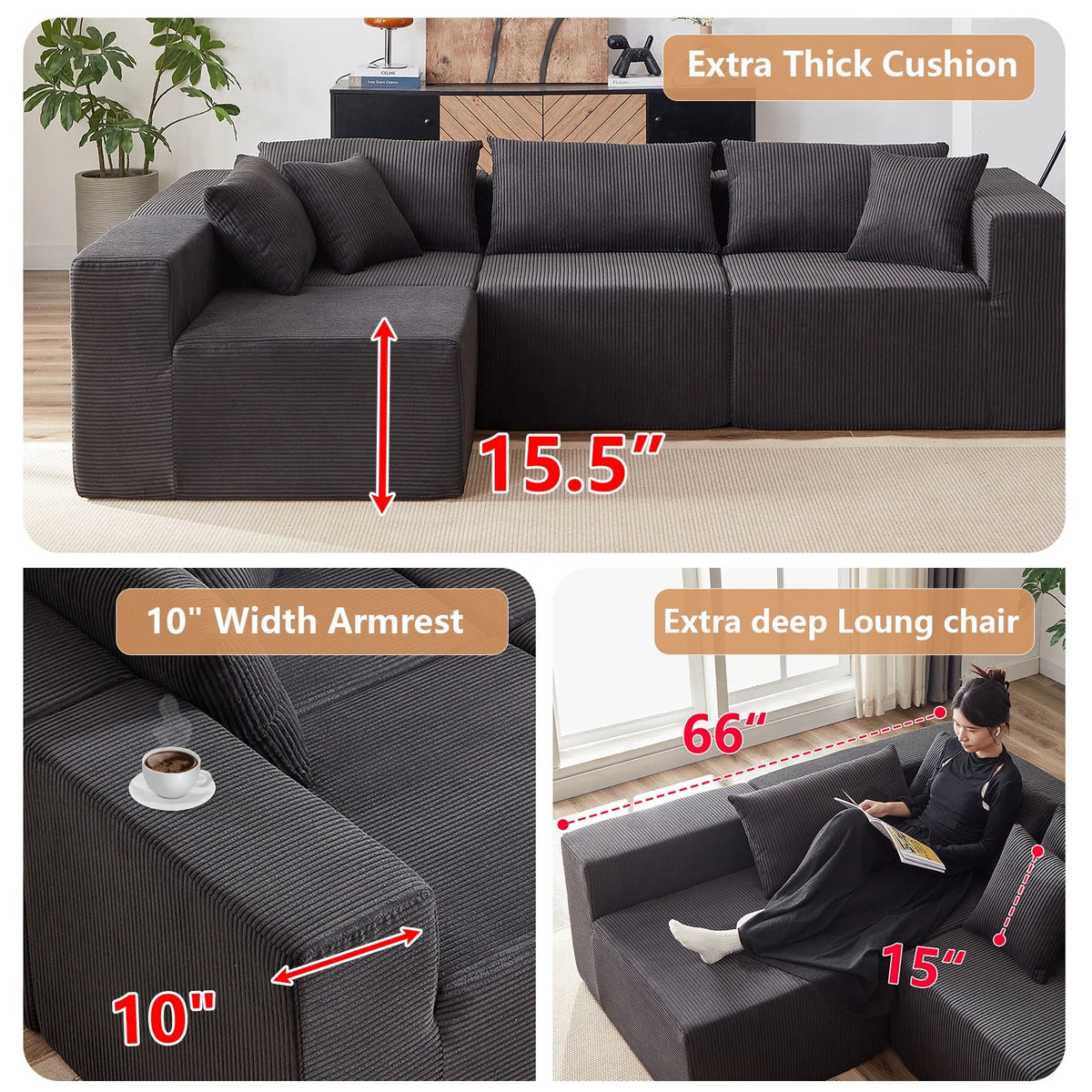 104 - Inch Corduroy Modular L Shaped Sectional Sofa, Luxury Floor Couch Set, Upholstered Indoor Furniture, Foam - Filled Compressed Sofa for Living Room, Bedroom, 4 PC Free Combination ?