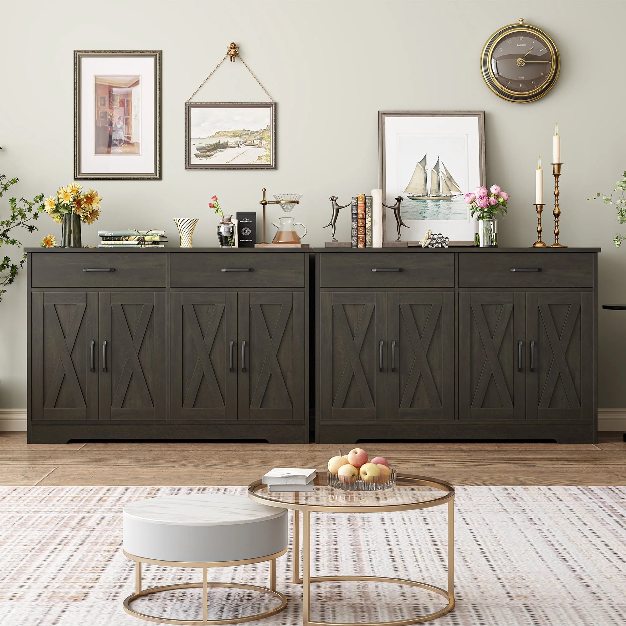 Hiphuta 47"farmhouse Sideboard Storage Cabinets with 4 Doors & 2 Drawers, Coffee Bar with Brown Top for Living Room, White