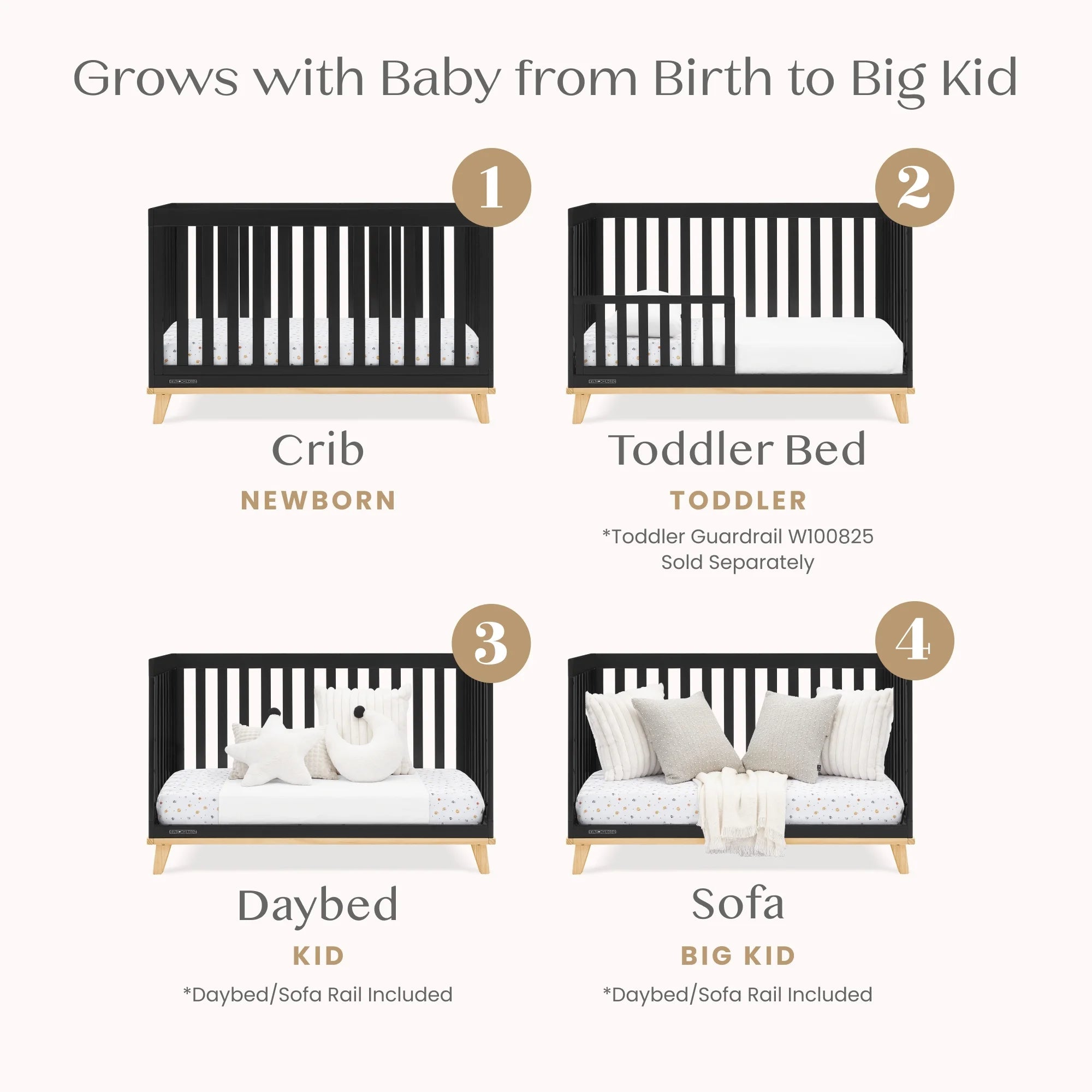 Delta Children Frankie 4 - in - 1 Convertible Crib - Greenguard Gold Certified, Black with Natural