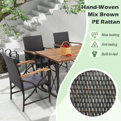 Tangkula 5 Pieces Outdoor Dining Set with Acacia Wood Table & 4 Wicker Rattan Armrest Chairs