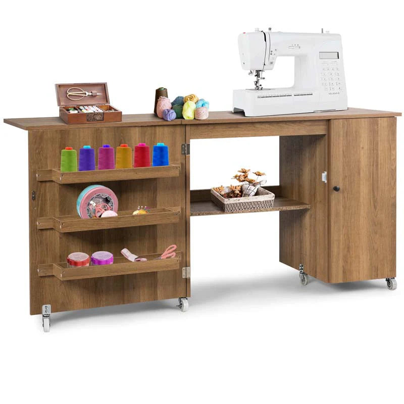 62.5" Folding Sewing Table Rolling Craft Station with Storage Cabinet & Shelves, Foldable Sewing Machine Desk w/ Lockable Wheels for Home