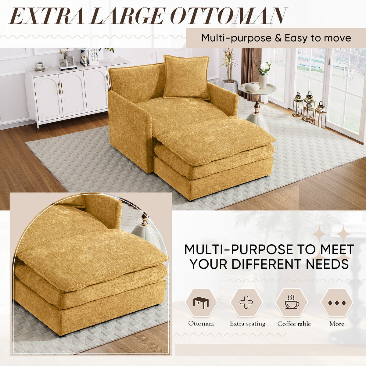Muumblus Oversized Lounge Chair with Ottoman, Cloud Accent Armchair for Living Room, Beige Chenille