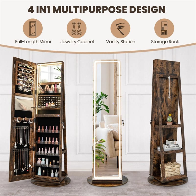 360° Swivel Jewelry Cabinet Armoire w/ Full Length Mirror 3-Color LED Lights & Rear Shelves, Lockable Standing Jewelry Storage Organizer
