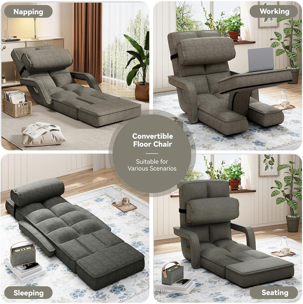AECOJOY Floor Chair, Padded Folding Gaming Chair with 14-Level Adjustable Backrest, Portable Lazy Sofa