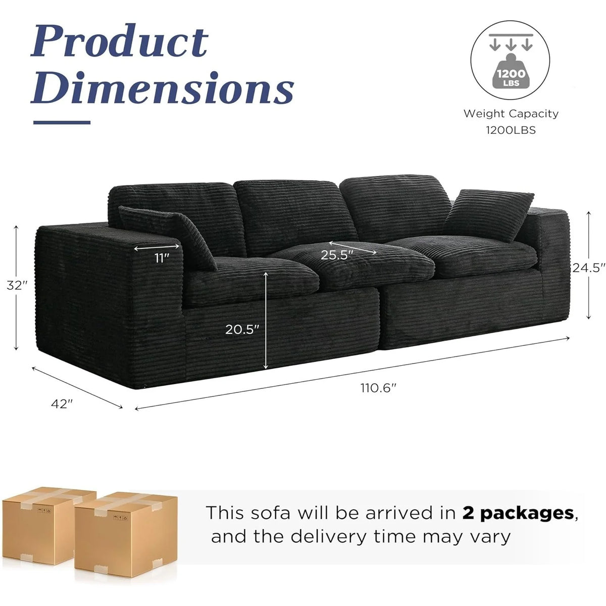 AECOJOY 110" Oversized Sofa for Living Room, 3 Seater Cloud Boneless Couch with Fluffy Seat Cushions