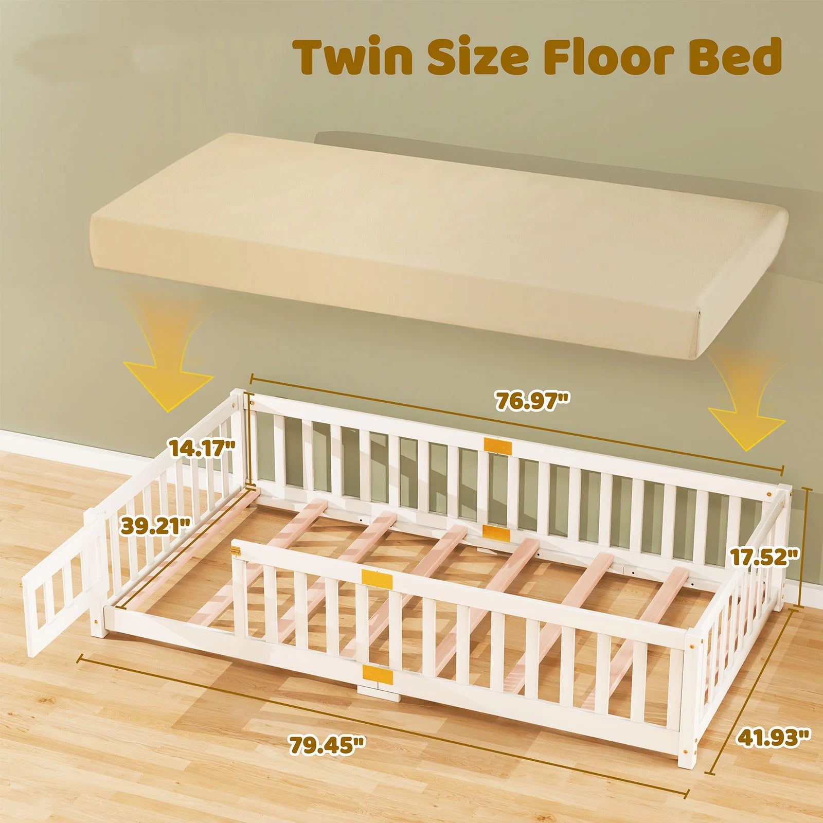 Slsy Twin Size Toddler Floor Bed, Solid Wood Montessori Bed Frame with Fence & Door Montessori Floor Bed Crib with Safety Guardrails for Girls and Boys
