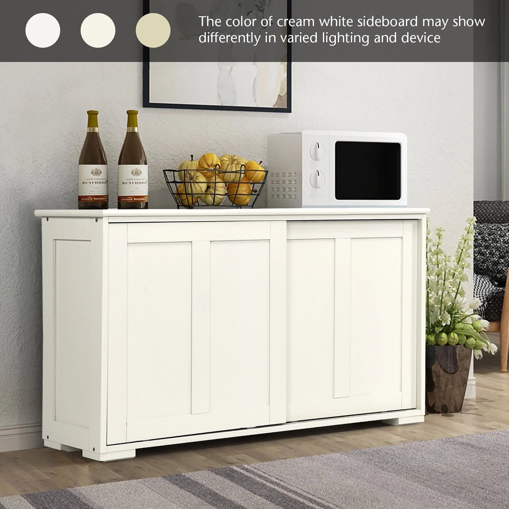 Costway Kitchen Storage Cabinet Sideboard Buffet Cupboard Wood Sliding Door Pantry Cream White