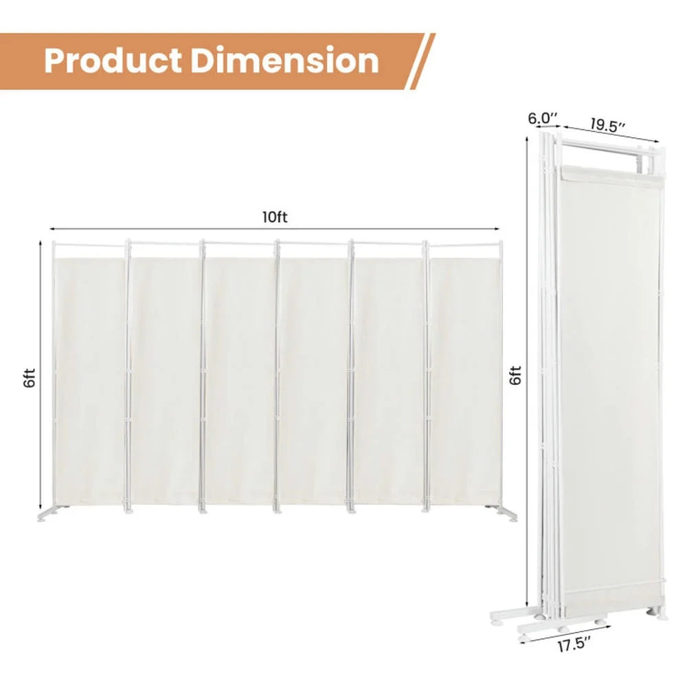 Spaco 6 - Panel Room Divider Folding Privacy Screen, Privacy Screen with 7 Large Adjustable Foot Pads and 2 Support Tubes, Room Divider for Indoor As Home, White