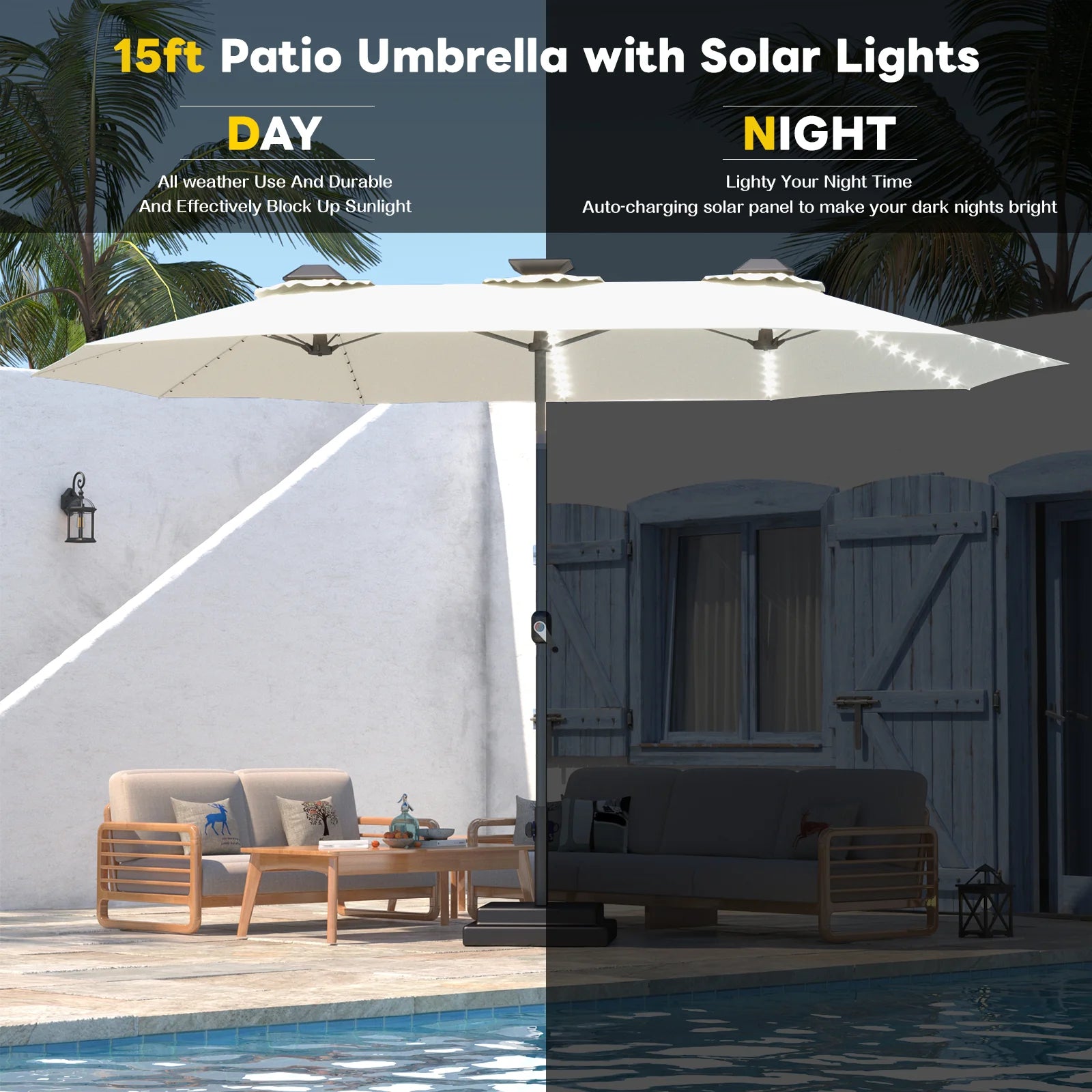 AECOJOY 15ft Patio Double-Sided Umbrella, 156 PCS Solar LED Light Outdoor Large Umbrella, Ivory