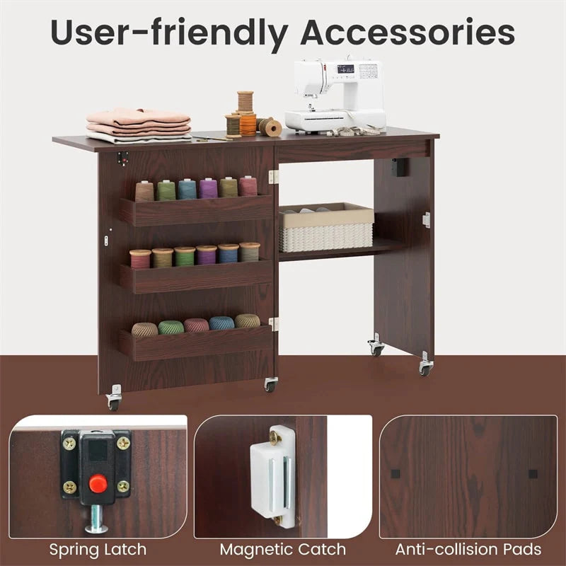 Folding Sewing Table with Charging Station, Rolling Craft Table w/ 3 Storage Trays & Shelf, Mobile Sewing Machine Cabinet for Small Spaces