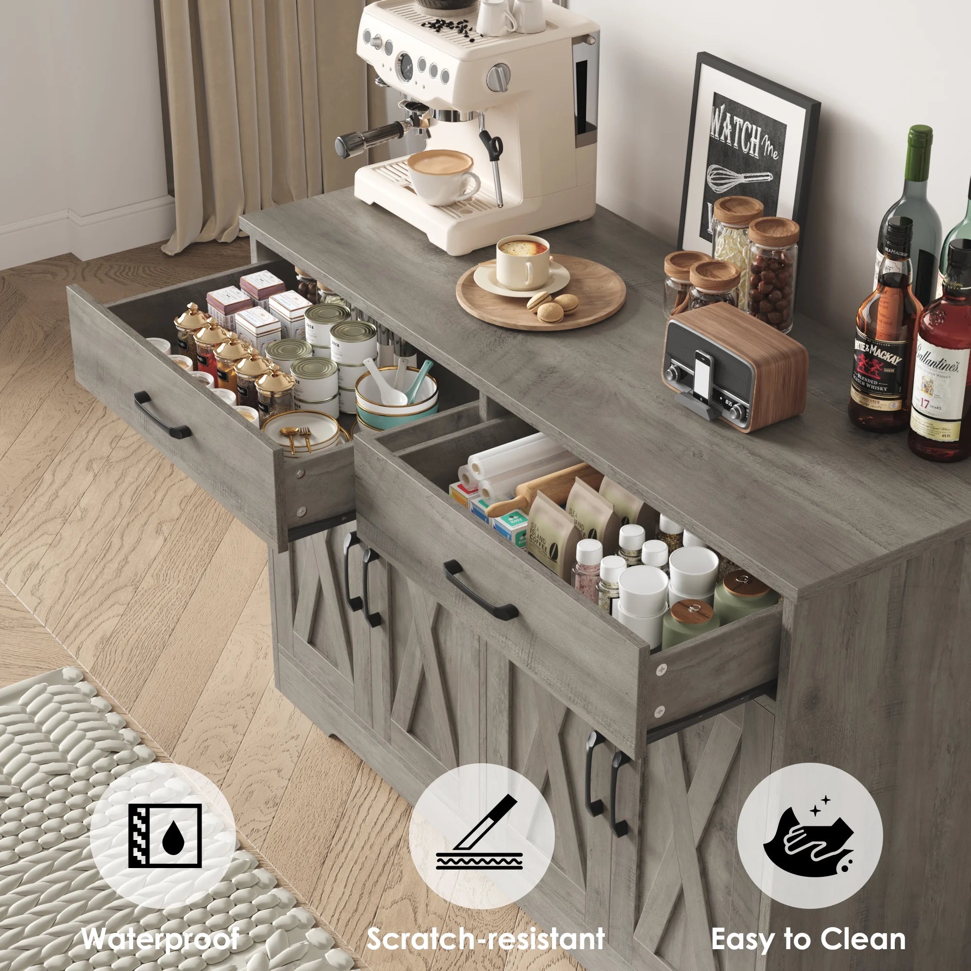 Hiphuta 47"farmhouse Sideboard Storage Cabinets with 4 Doors & 2 Drawers, Coffee Bar with Brown Top for Living Room, White